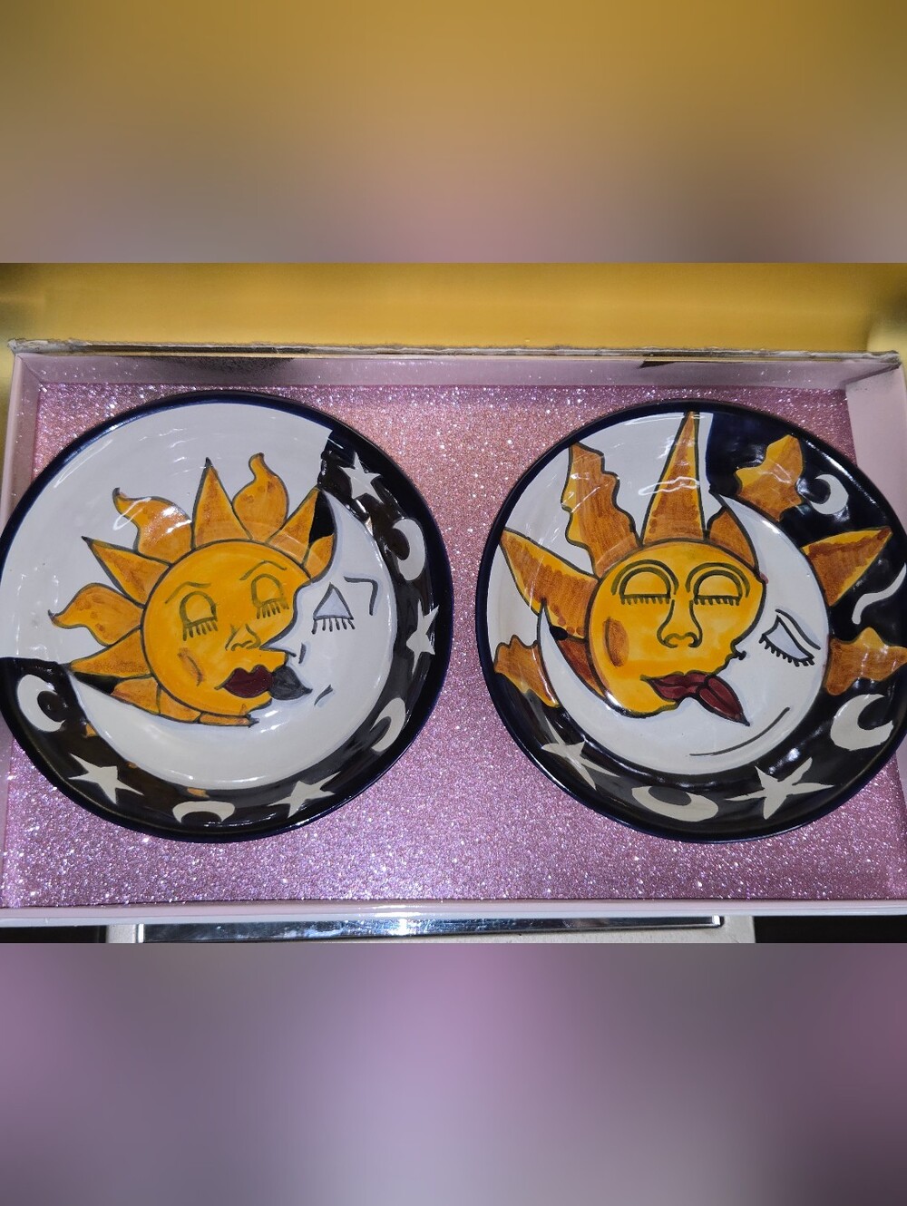 2 Hand Painted Talavera Style Celestial Sun & Moon Bowls Mexico Folk Art Potter